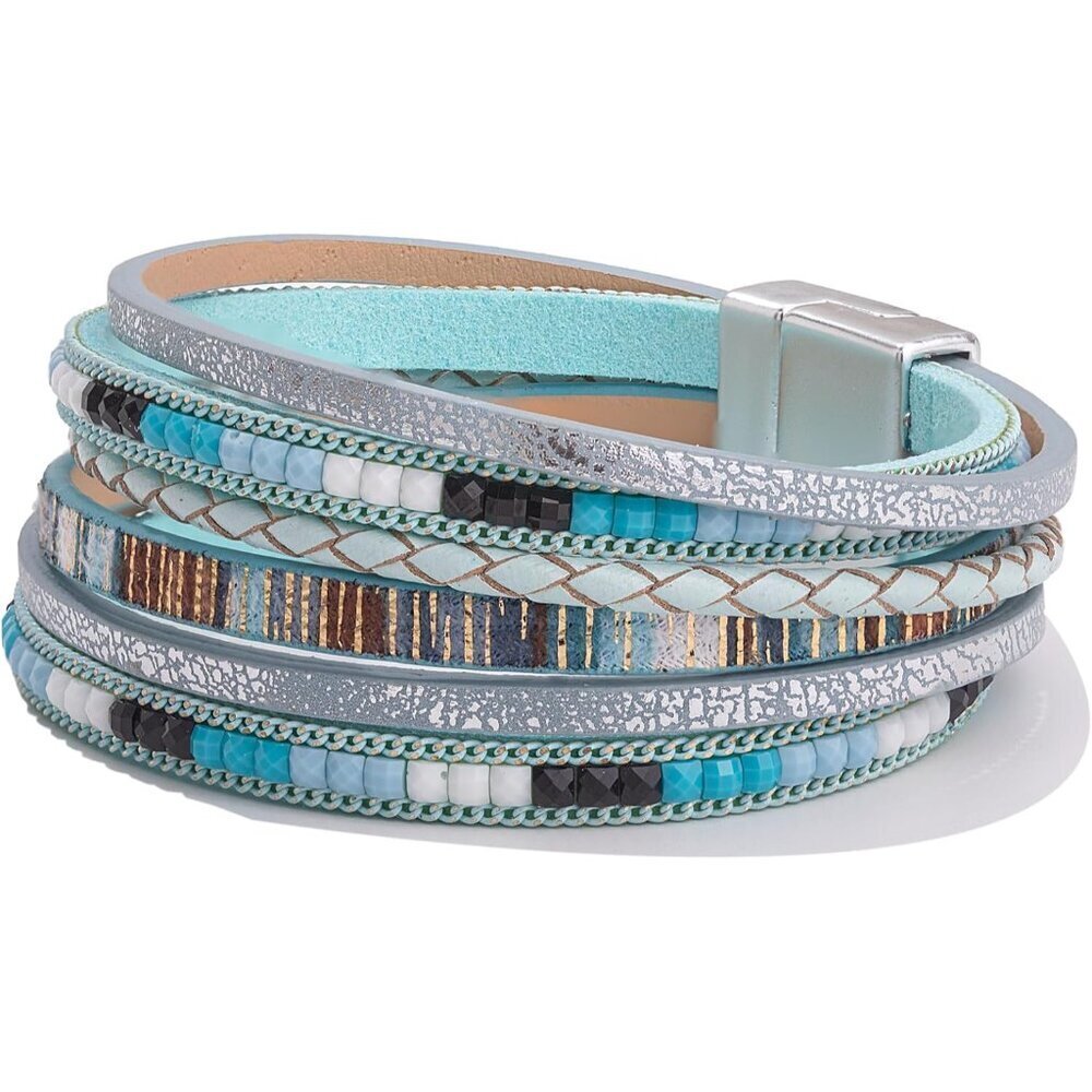 Boho Leather Wrap Bracelets Faux Leather Multi-Strand Layered Jewelry for Women